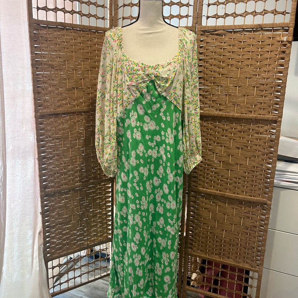 Floral Green Dress with Cream Accents